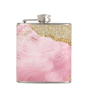 Girly Luxe Pink Agate w/Gold Glitter Flask