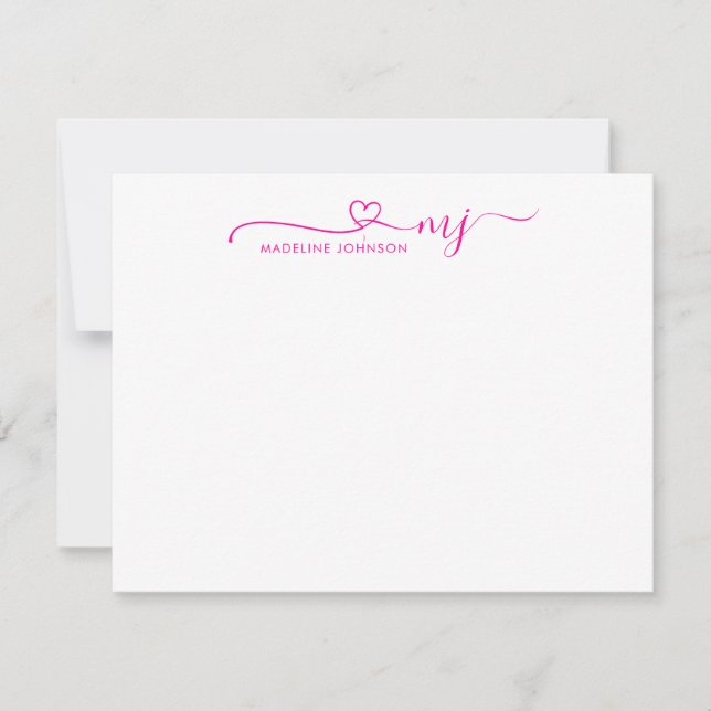 Girly Magenta Pink Heart Script Name Monogram Note Card (Front)