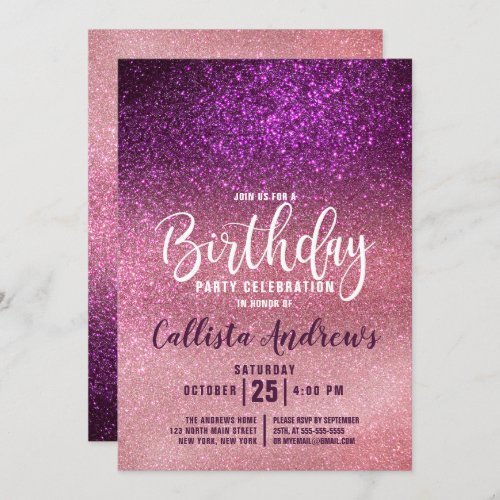 Girly Magenta Pink Triple Glitter Ombre Birthday Invitation