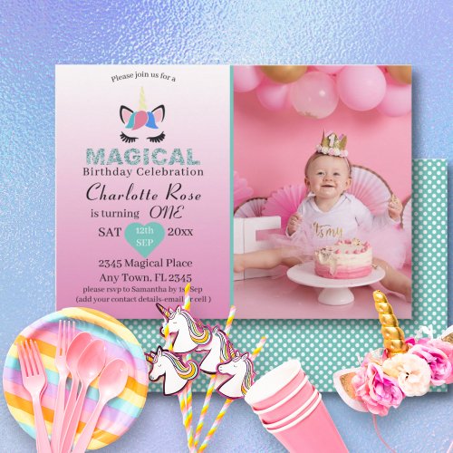 Girly Magical Unicorn Pink 1st Birthday Invitation