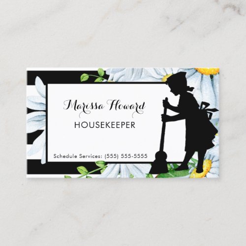 Girly Maid Stripes and Daisy Floral Housekeeper Business Card
