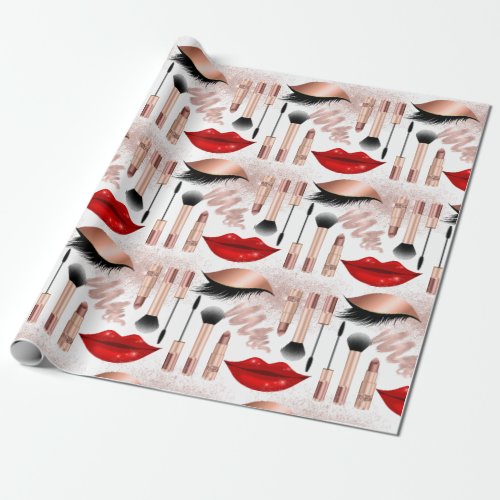 Girly Makeup Lips Eyes Pattern Rose Gold Wrapping Paper