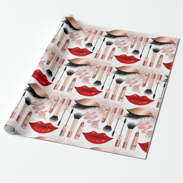 Girly Makeup Lips Eyes Pattern Rose Gold Wrapping Paper (Unrolled)