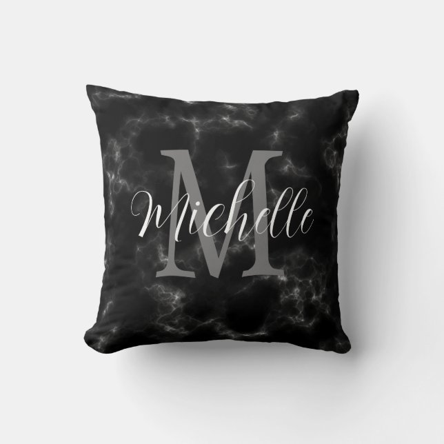 Girly marble Black and White Monogram and Name   Throw Pillow (Front)