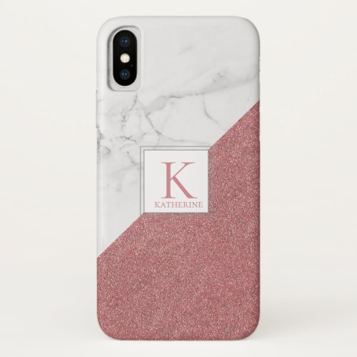 Girly Marble Blush Pink Glitter Monogram Geometric iPhone X Case