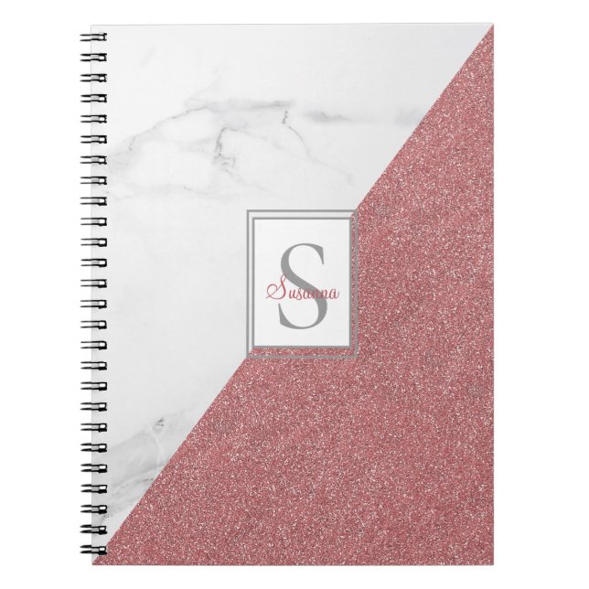 Girly Marble Blush Pink Glitter Monogram Geometric Notebook (Front)