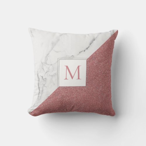 Girly Marble Blush Pink Glitter Monogram Geometric Throw Pillow