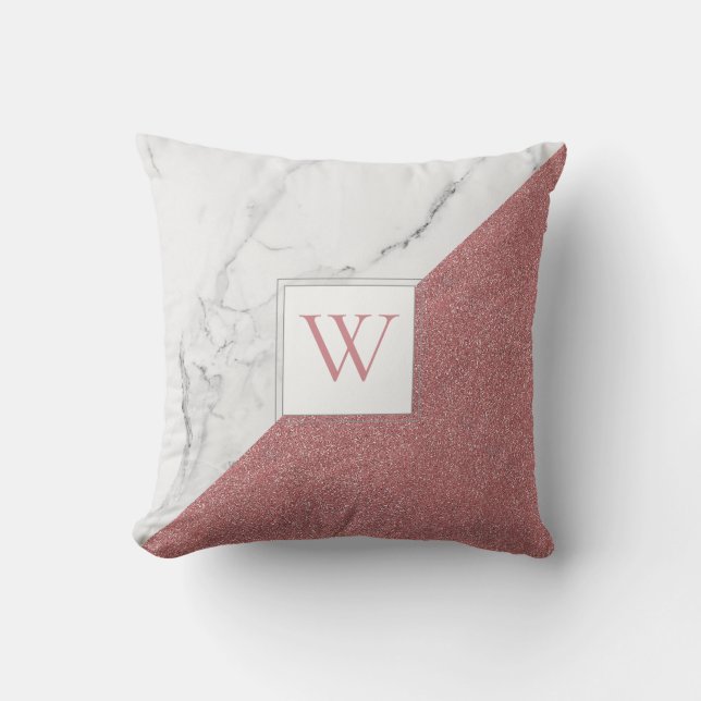 Girly Marble Blush Pink Glitter Monogram Geometric Throw Pillow (Front)
