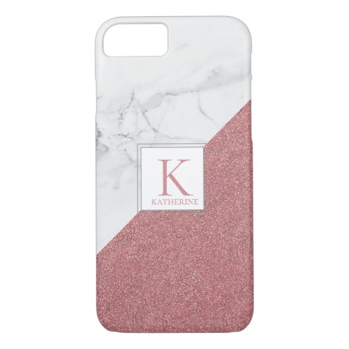 Girly Marble Blush Rose Gold Glitter Monogram iPhone 87 Case