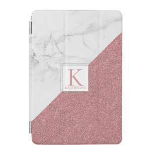 Girly Marble Blush Rose Gold Glitter Monogram iPad Mini Cover