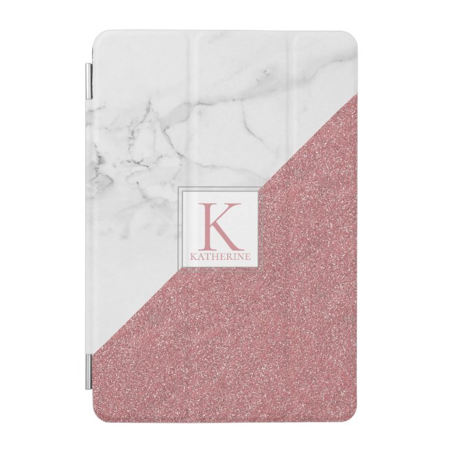 Girly Marble Blush Rose Gold Glitter Monogram iPad Mini Cover (Front)