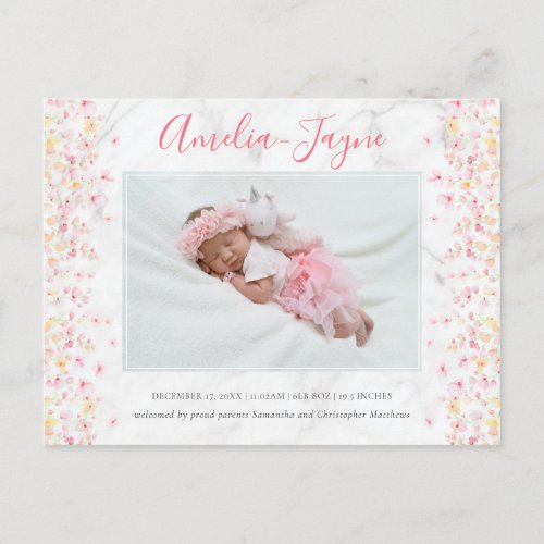 Girly Marble Flower Petal Photo Birth Announcement Postcard