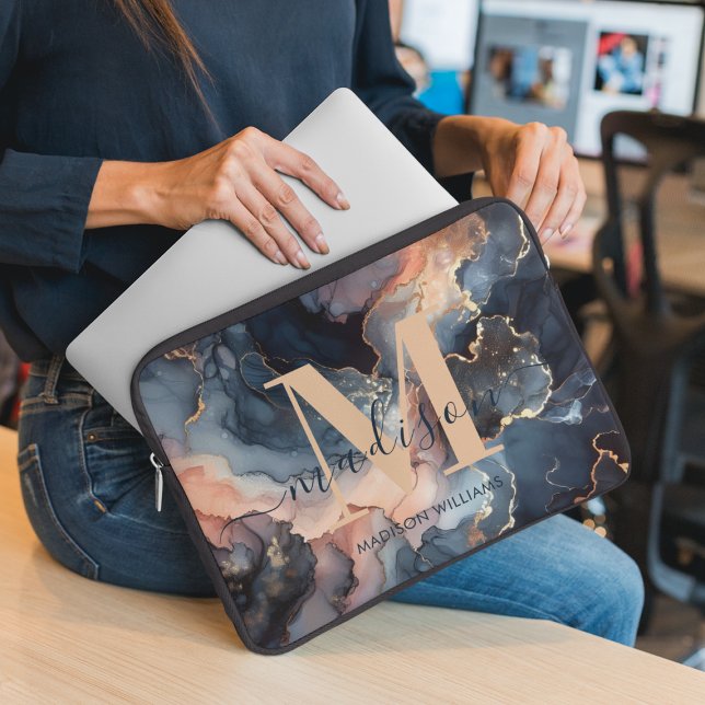 Girly Marble Glitter Agate Gold Monogram Initial Laptop Sleeve (Creator Uploaded)