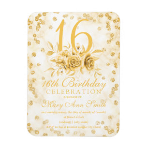 Girly Marble Glitter Gold Floral Sweet 16th Magnet