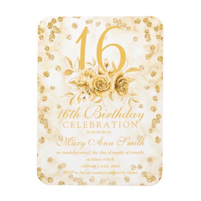 Girly Marble Glitter Gold Floral Sweet 16th  Magnet (Vertical)
