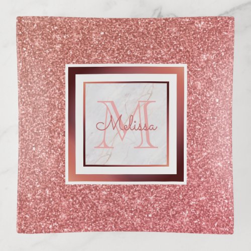 Girly Marble Rose Gold Glitter Pink Monogram Trinket Tray