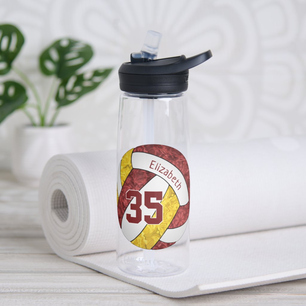 girly maroon gold volleyball team colors water bottle