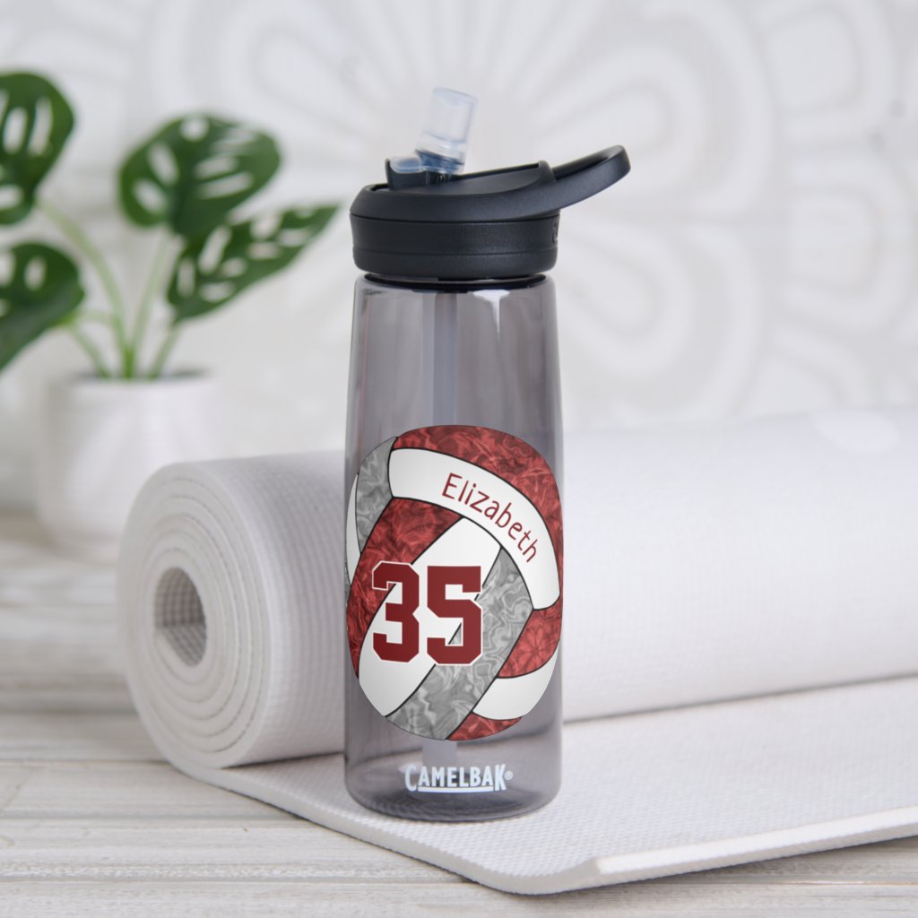 girly maroon gray volleyball team colors water bottle