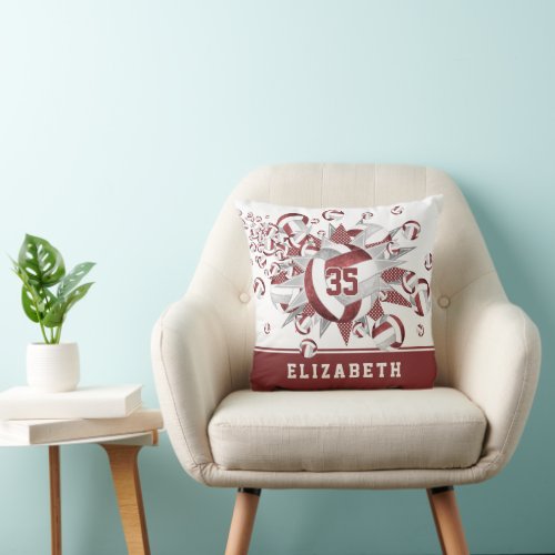 girly maroon gray volleyballs stars athlete name throw pillow