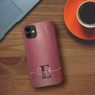 Girly Maroon-Rose Glitter Personalised Monogram iPhone 11 Case