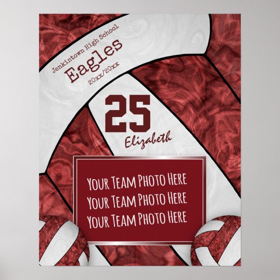 girly maroon white volleyball team photo poster