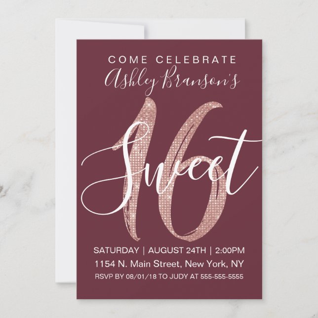 Girly Marsala Rose Gold Sequin Glitter Sweet 16 Invitation (Front)