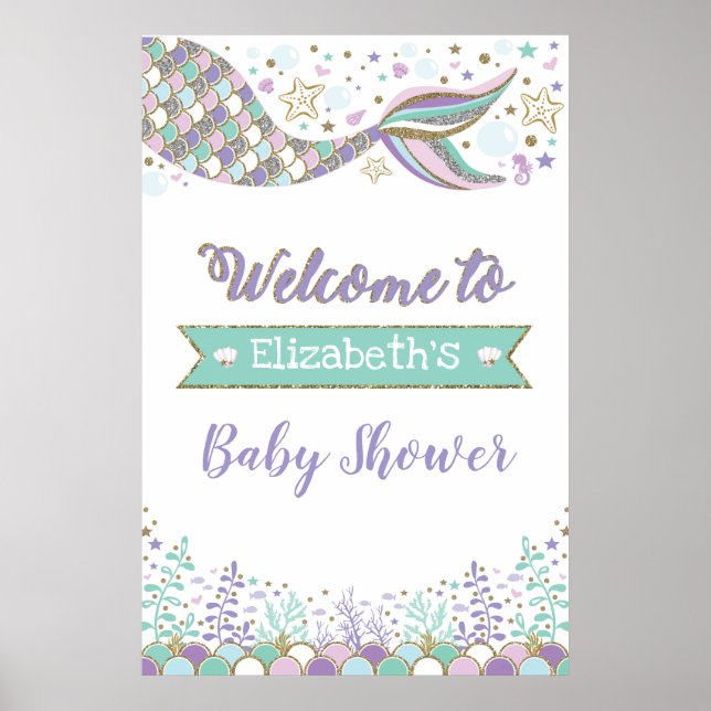 Girly Mermaid Baby Shower Beach Sea Welcome Poster (Front)