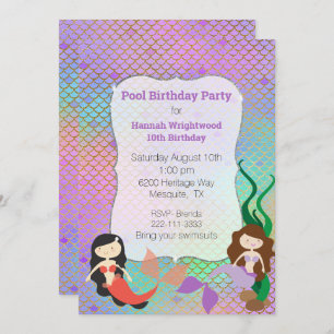 Girly Mermaid Birthday Pool Party Invitation