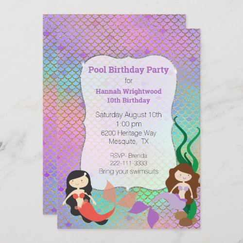 Girly Mermaid Birthday Pool Party Invitation