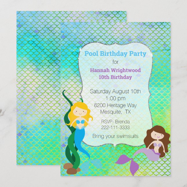 Girly Mermaid Birthday Pool Party Invitation (Front/Back)