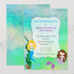 Girly Mermaid Birthday Pool Party Invitation