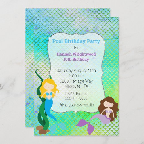 Girly Mermaid Birthday Pool Party Invitation