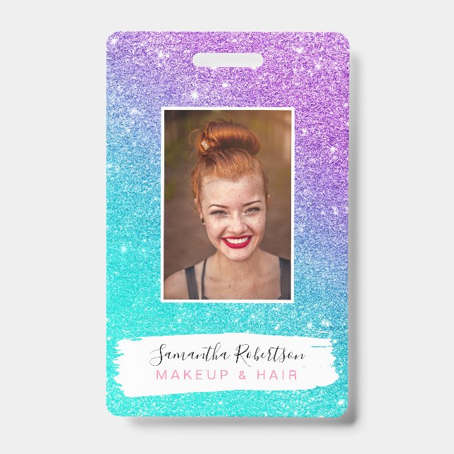 Girly mermaid purple glitter chic turquoise ombre badge (Front)