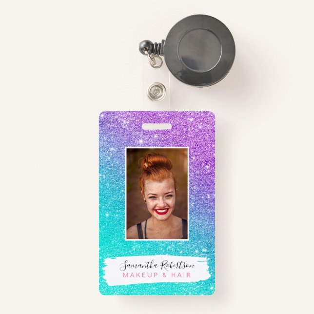 Girly mermaid purple glitter chic turquoise ombre badge (Front with Retractable)