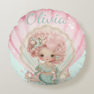 Girly Mermaid Seashell Lovers Name Round Pillow