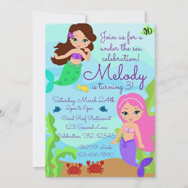 Girly Mermaid Under the Sea Birthday Invitation (Front)