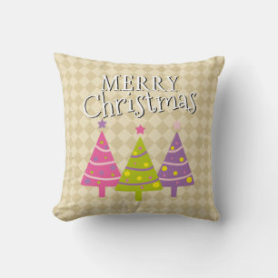 Girly Merry Christmas Pink Trees Beige Throw Pillow