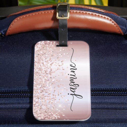 Girly Metal Rose Gold Glitter Monogram Name Script Luggage Tag