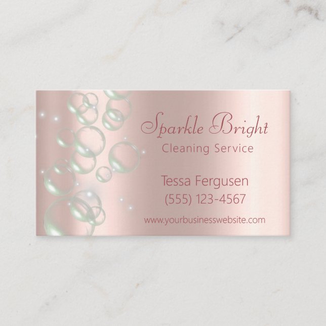 Girly Metallic Blush Rose Bubbles Cleaning Service Business Card (Front)