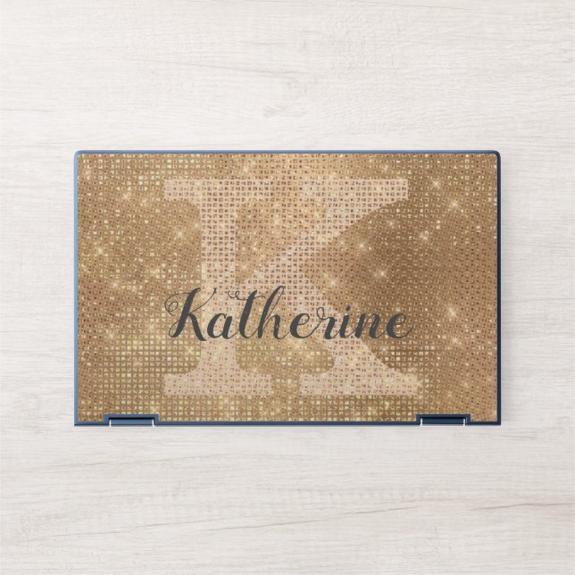 Girly Metallic Gold Diamond Sparkle Monogram Name HP Laptop Skin (Front)