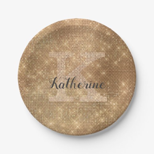 Girly Metallic Gold Diamond Sparkle Monogram Name Paper Plates