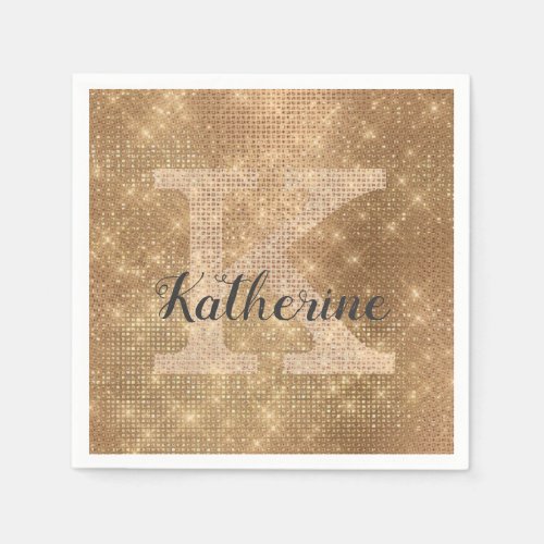 Girly Metallic Gold Glitter Diamond Monogram Name Napkins