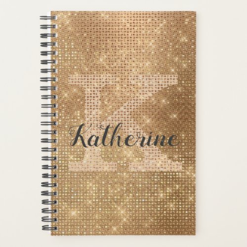 Girly Metallic Gold Glitter Diamond Monogram Name Planner