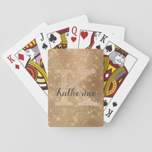 Girly Metallic Gold Glitter Diamond Monogram Name Playing Cards