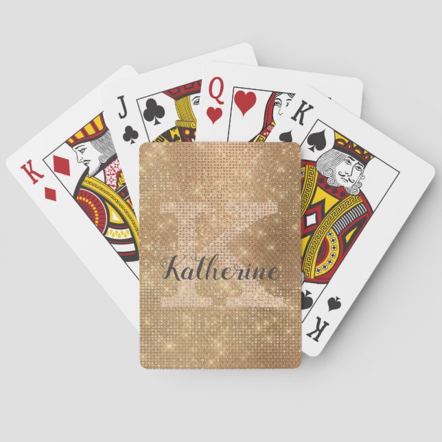 Girly Metallic Gold Glitter Diamond Monogram Name Poker Cards (Back)