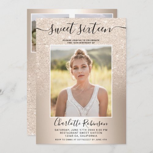 Girly metallic gold glitter ombre 3 photo Sweet 16 Invitation