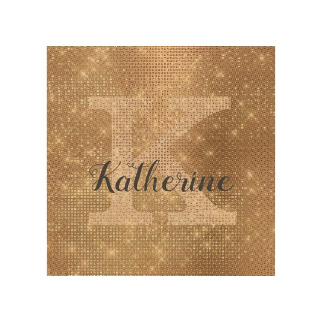 Girly Metallic Gold Glitter Sparkle Monogram Name Wood Wall Art (Front)
