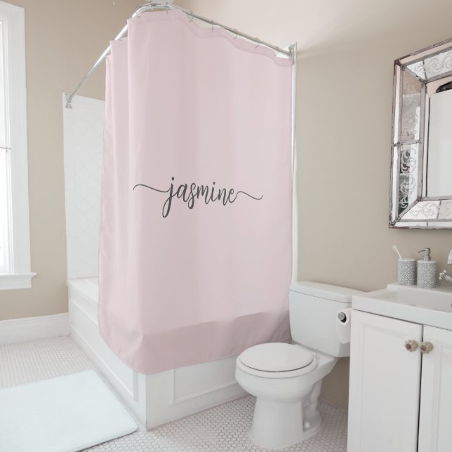 Girly Minimal Blush Personalized Monogram Name Shower Curtain (In Situ)