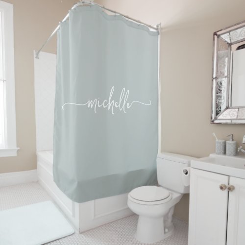 Girly Minimal Sage Green Monogram Name Calligraphy Shower Curtain