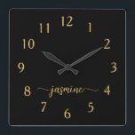 Girly Minimalist Black Gold Monogram Name Script Square Wall Clock<br><div class="desc">Girly Simple Minimalist Black And Gold Monogram Name Script Custom Personalized Square Wall Clock. These design featuring your first name in a pretty hand lettered style swash tail font signature typography on black and gold. These are easy to customize it. Great stylish feminine housewarming gift, also for birthday, wedding, bridal...</div>